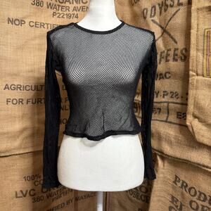 VTG Monster Womens M Black Fishnet Crop Top Long Sleeve Goth Punk Y2K Mesh Shirt